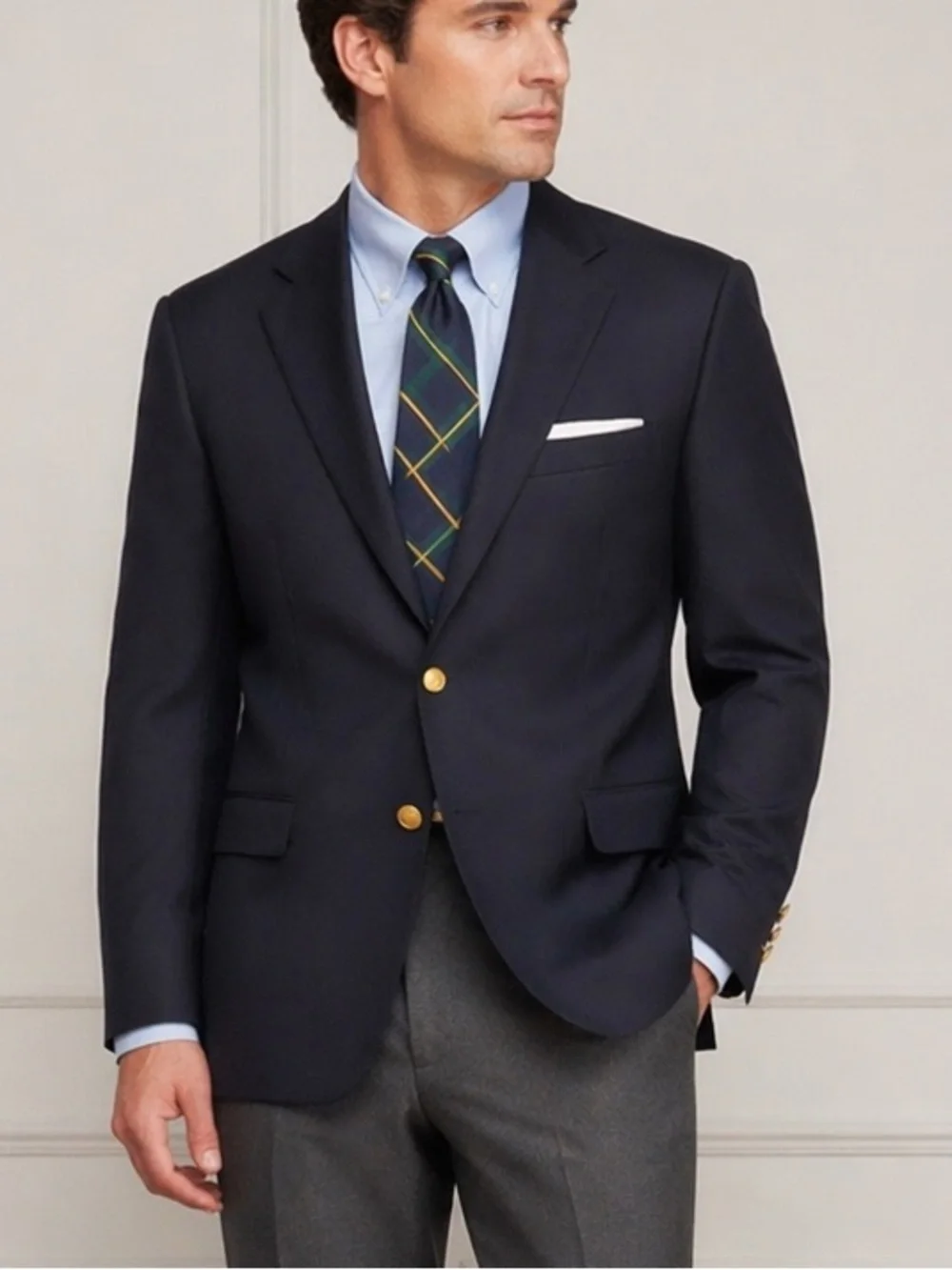 BROOKS BROTHERS Madison SaxXon Wool Navy Blazer Sport Coat 46L Gold Button